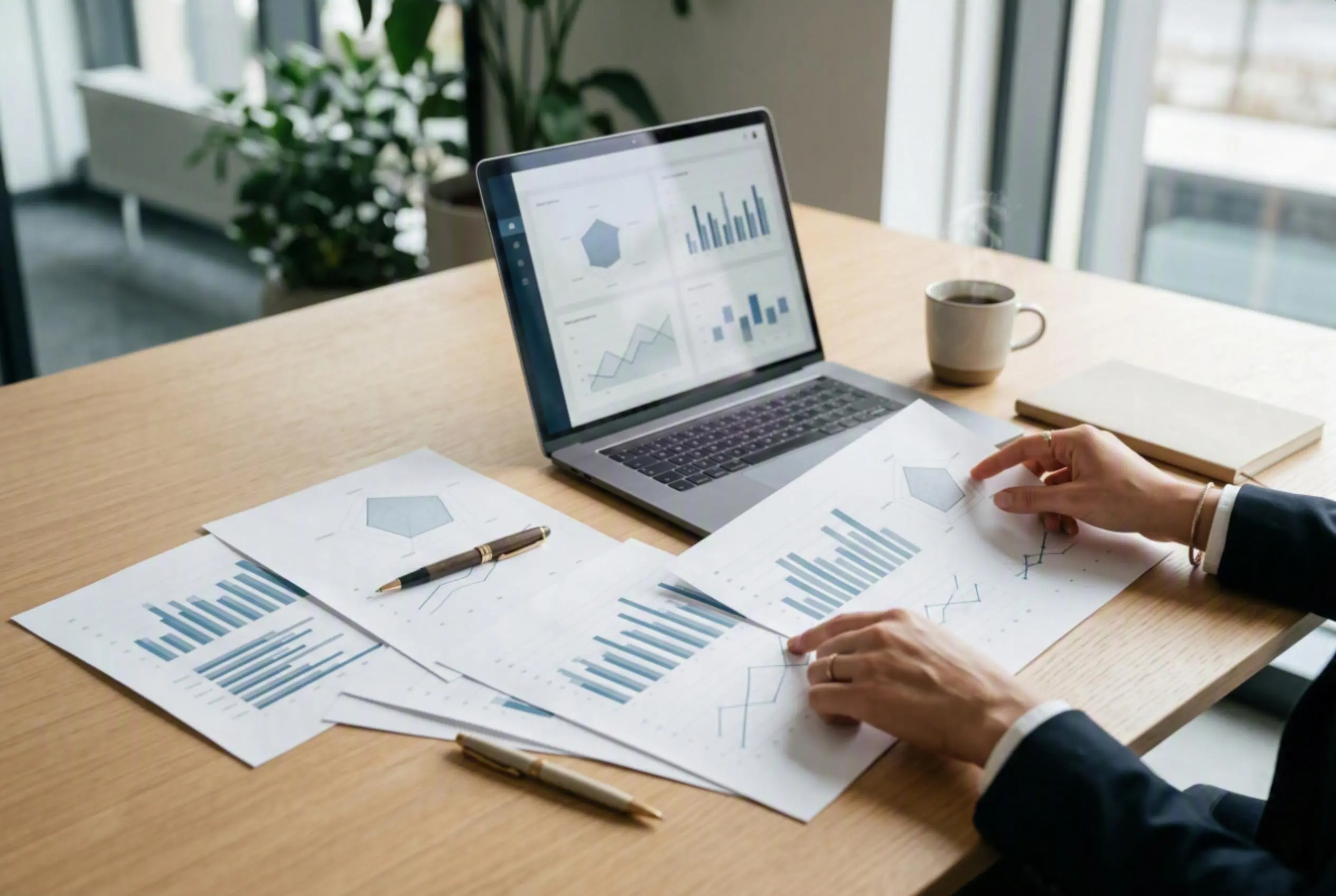 Informe de evaluación de talento con gráficos sobre un escritorio de trabajo