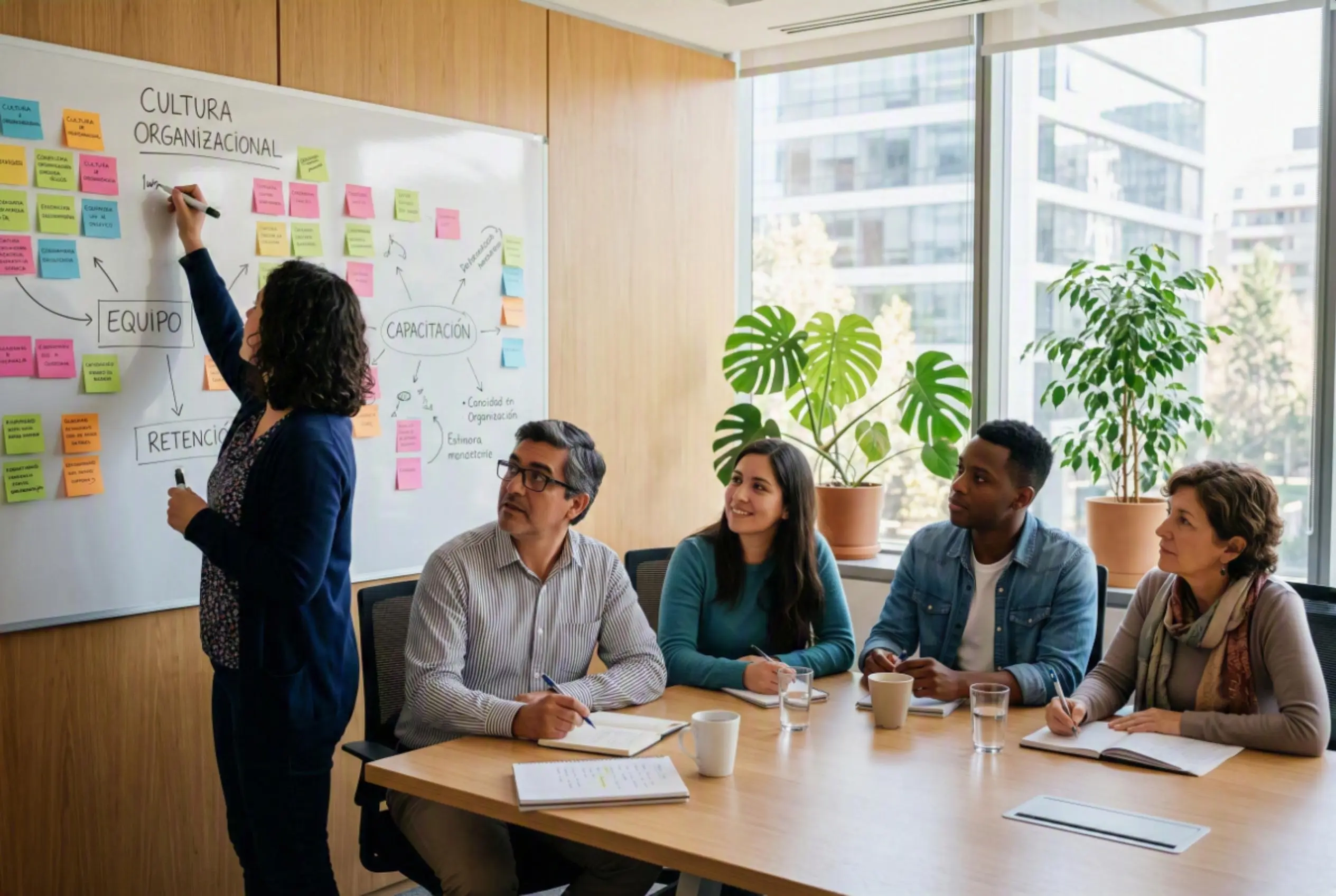 Facilitador guiando una sesión de estrategia con el equipo frente a una pizarra