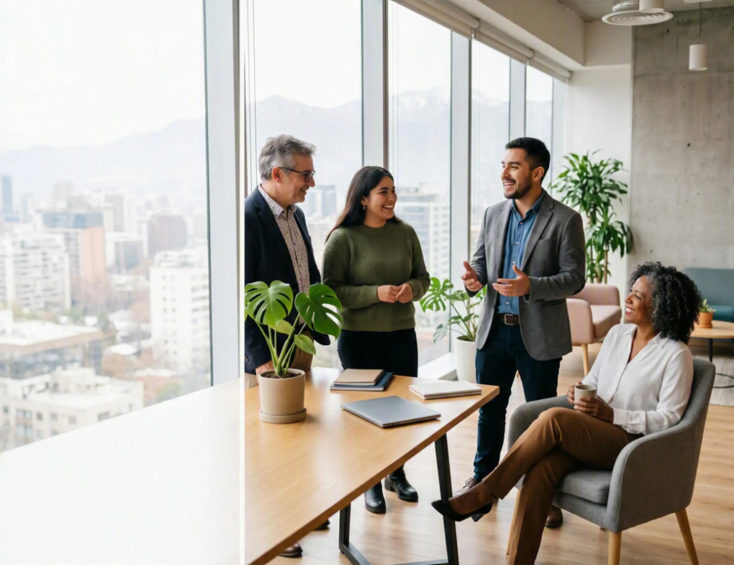 Grupo diverso de profesionales conversando en una oficina luminosa