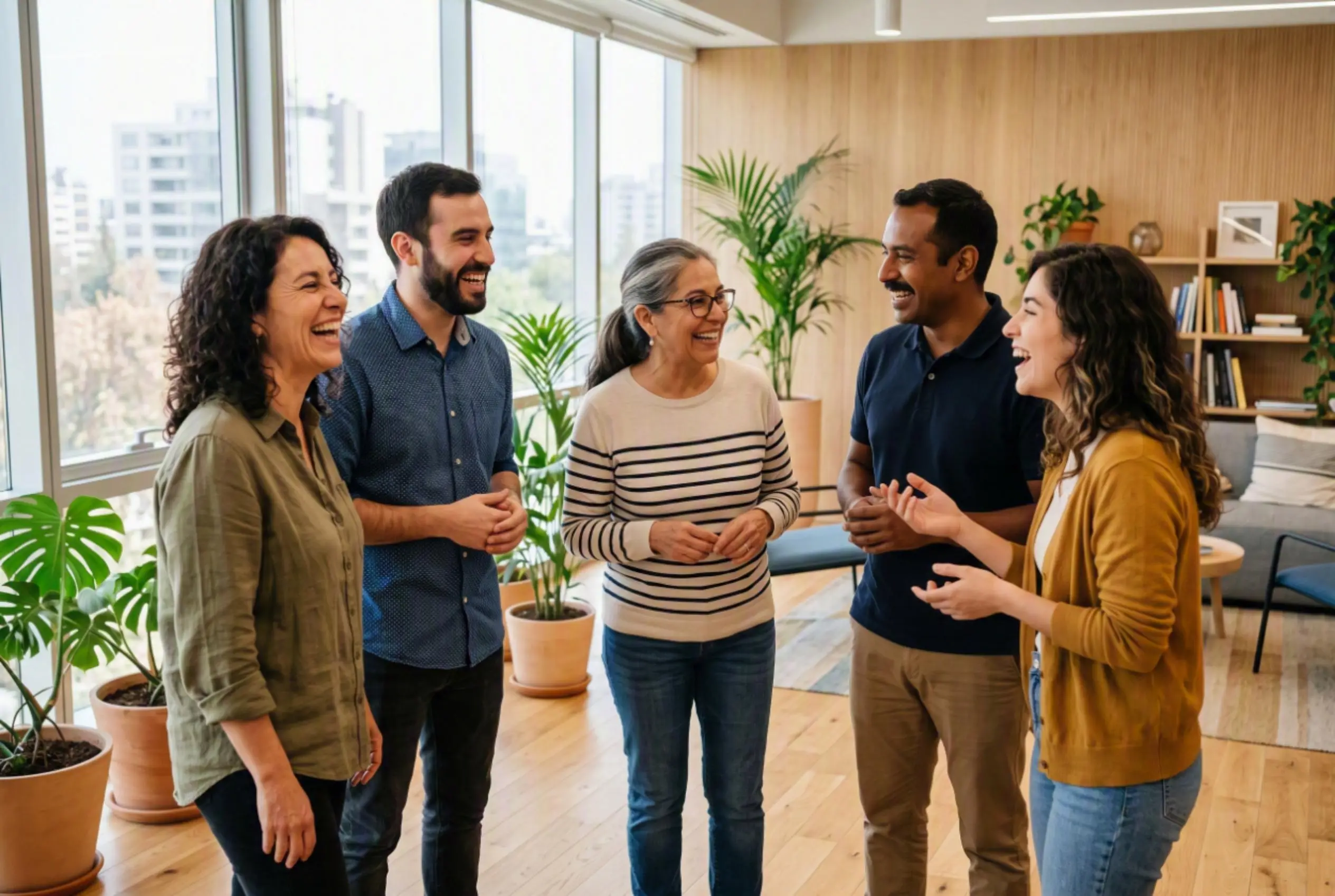 Grupo de profesionales compartiendo una conversación distendida en la oficina